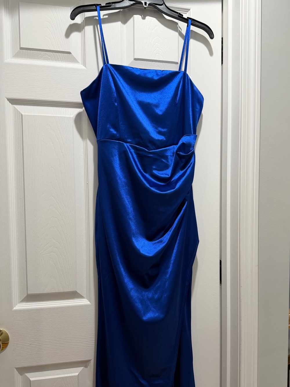 Emerald Sundae Sapphire Blue Satin Maxi Dress with Spaghetti Straps